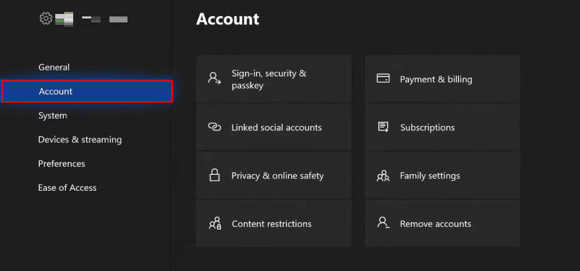 seleccione Cuenta en el menú Configuración | ¿Cómo puedes eliminar tu cuenta de Xbox?