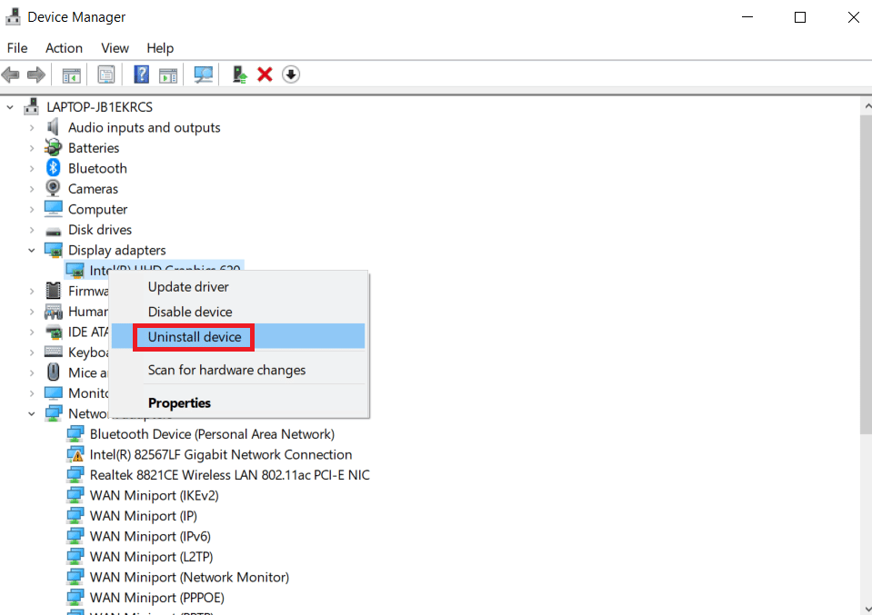 คลิกที่ถอนการติดตั้งอุปกรณ์ แก้ไขรหัสข้อผิดพลาดของไดรเวอร์ NVIDIA OpenGL 8