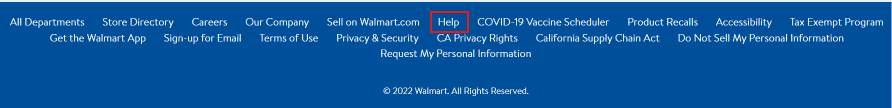 قم بالتمرير لأسفل إلى أسفل الموقع وانقر فوق مساعدة | هل يمكنك إلغاء طلب الاستلام من Walmart