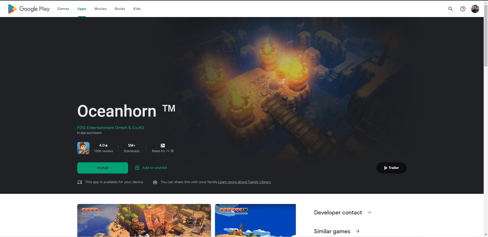 Page Web du Play Store d'Oceanhorn