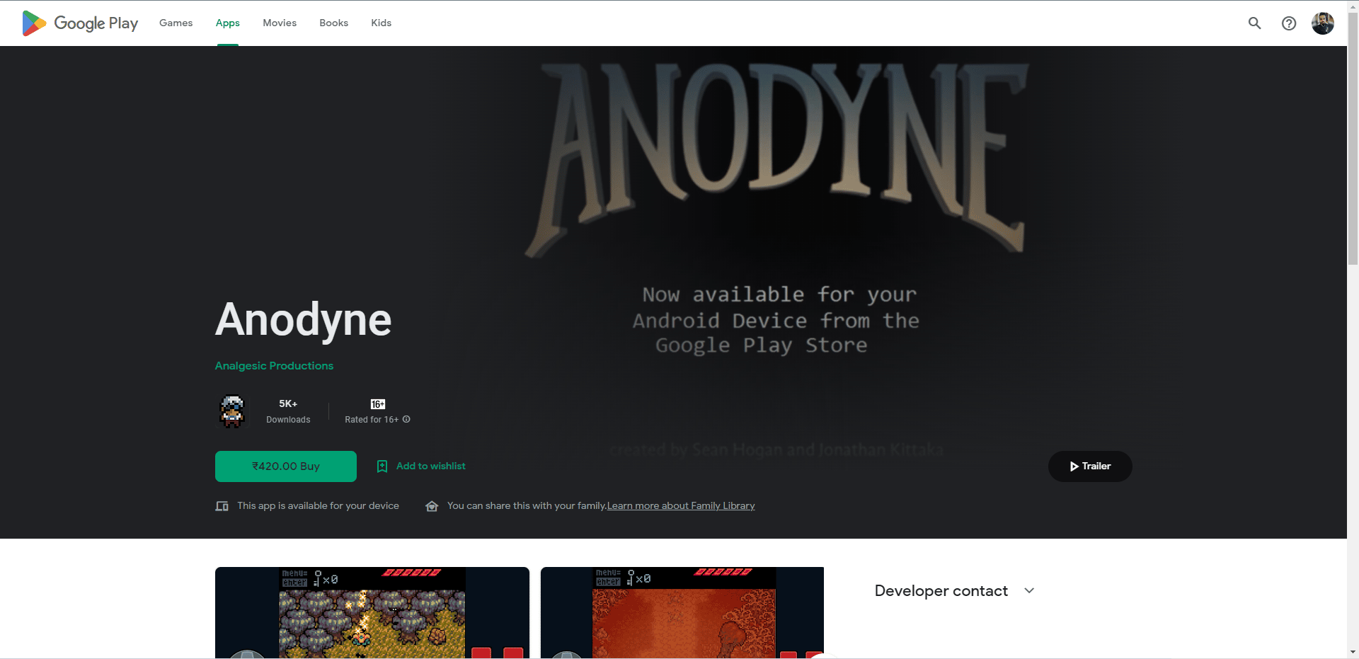Page Web Anodyne Play Store
