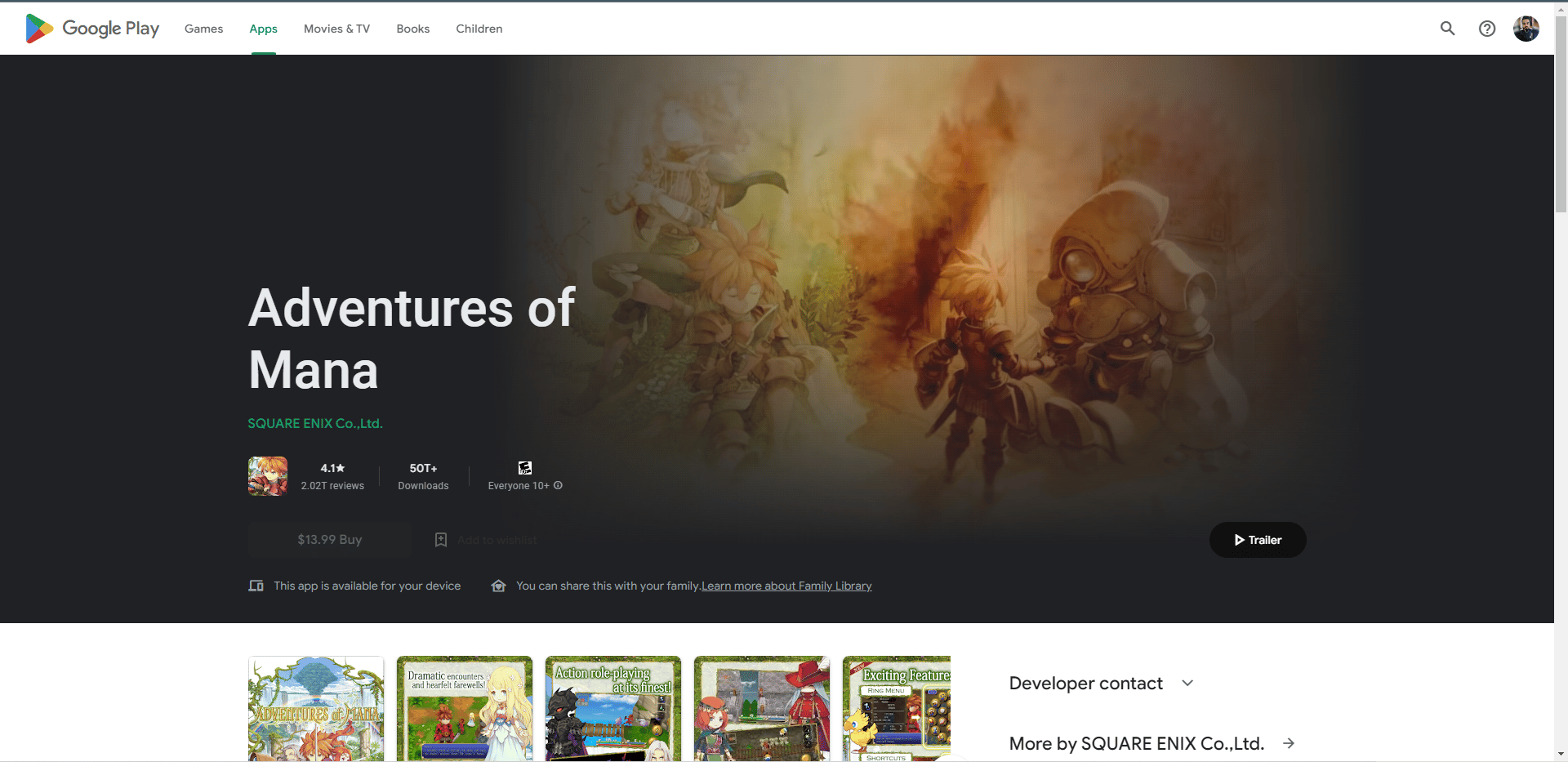 Page Web de la boutique de jeux Adventures of Mana