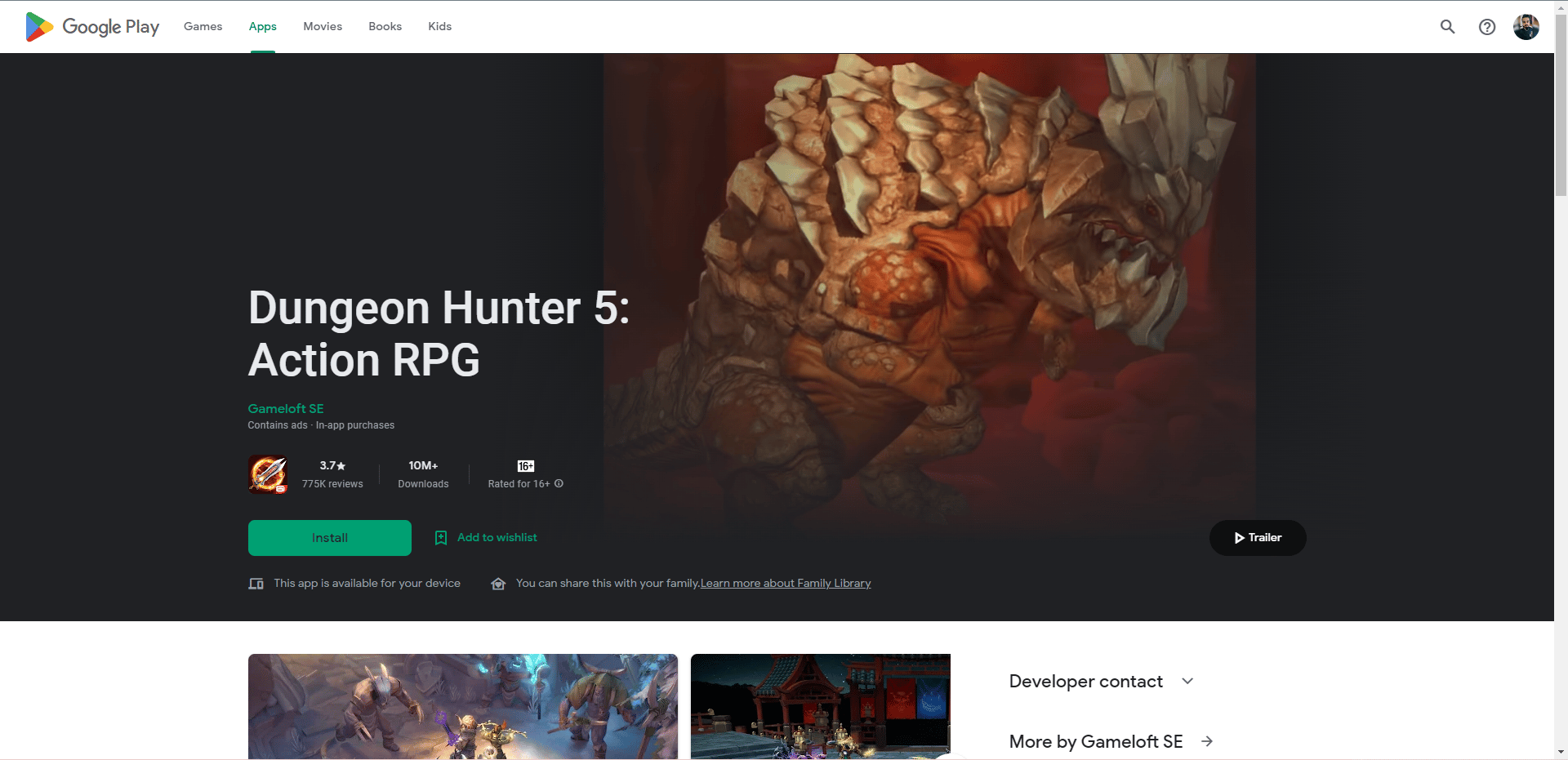 Page Web du Play Store de Dungeon Hunter 5. Meilleurs jeux comme Legend of Zelda pour Android