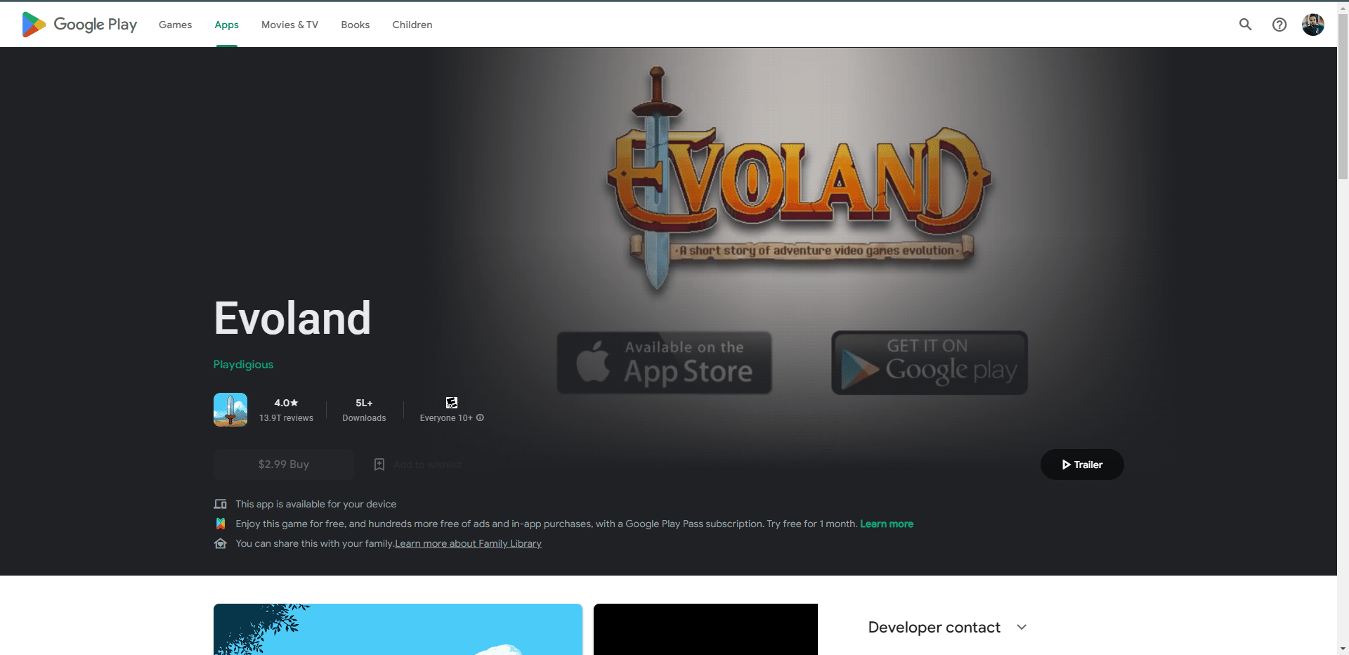Page Web de la boutique de jeux Evoland