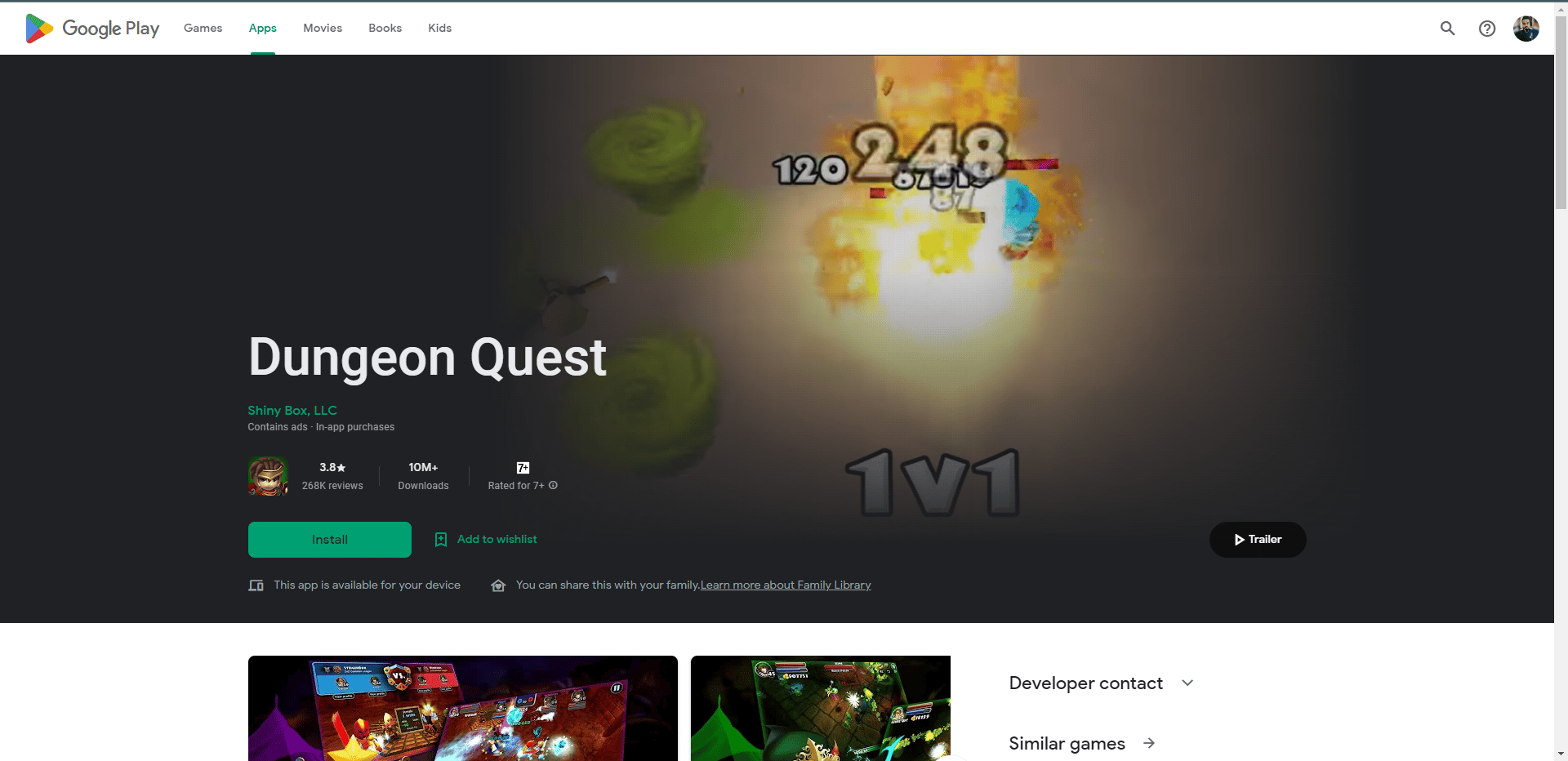 Page Web de Dungeon Quest Play Store