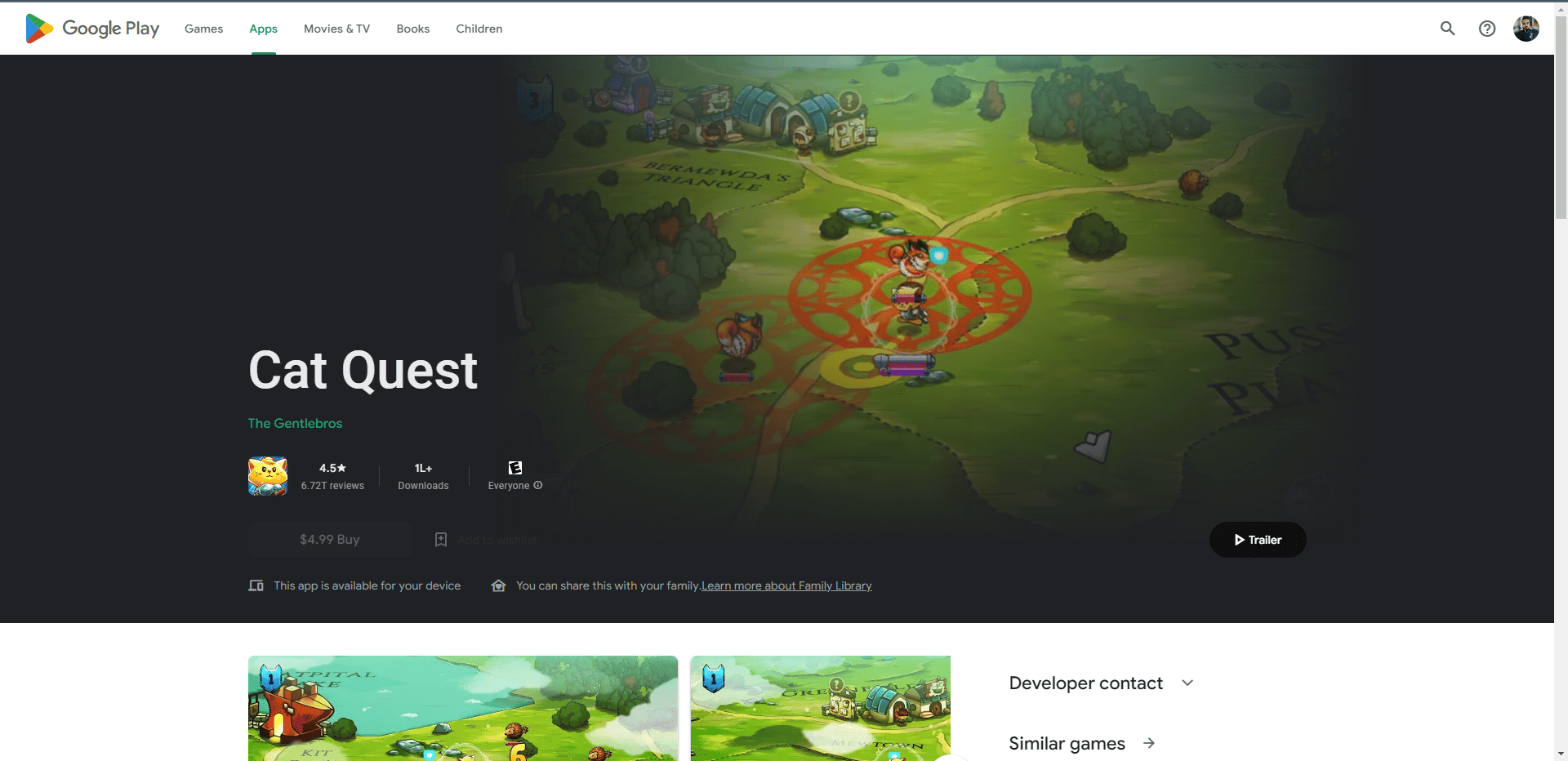 Page Web de la boutique de jeux Cat Quest. Meilleurs jeux comme Legend of Zelda pour Android