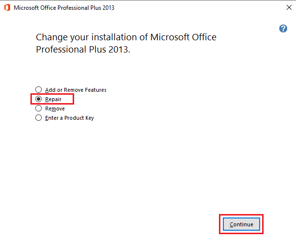 Na janela do Microsoft Office, selecione Reparar e clique em Continuar. Corrigir o erro do Office 365 O nome do arquivo é inválido ao salvar