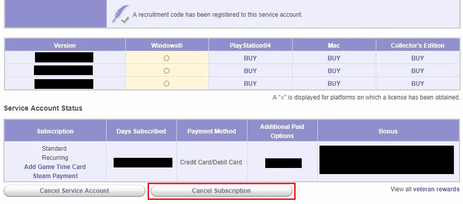 Klik Batalkan Berlangganan di bawah Status Akun Layanan