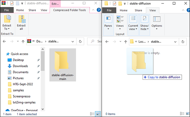 Arrastre y suelte el contenido del archivo ZIP en la carpeta de difusión estable.