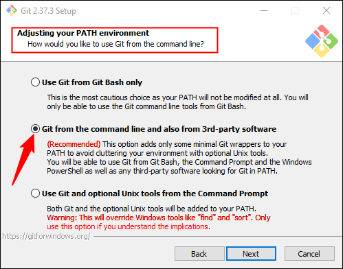 Asegúrese de que esté seleccionado "Git desde la línea de comandos y también desde software de terceros".