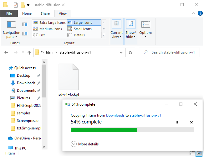 Copie el archivo del modelo en la carpeta stable-diffuse-v1.