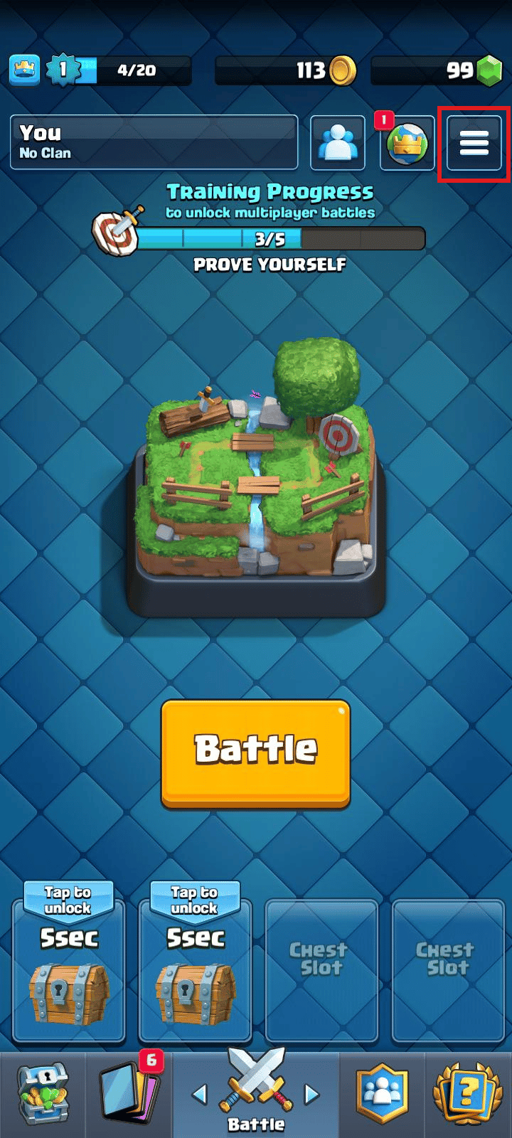 Tocca l'icona del menu dell'hamburger in alto a destra dello schermo. | rimuovere l'ID Supercell da Clash Royale