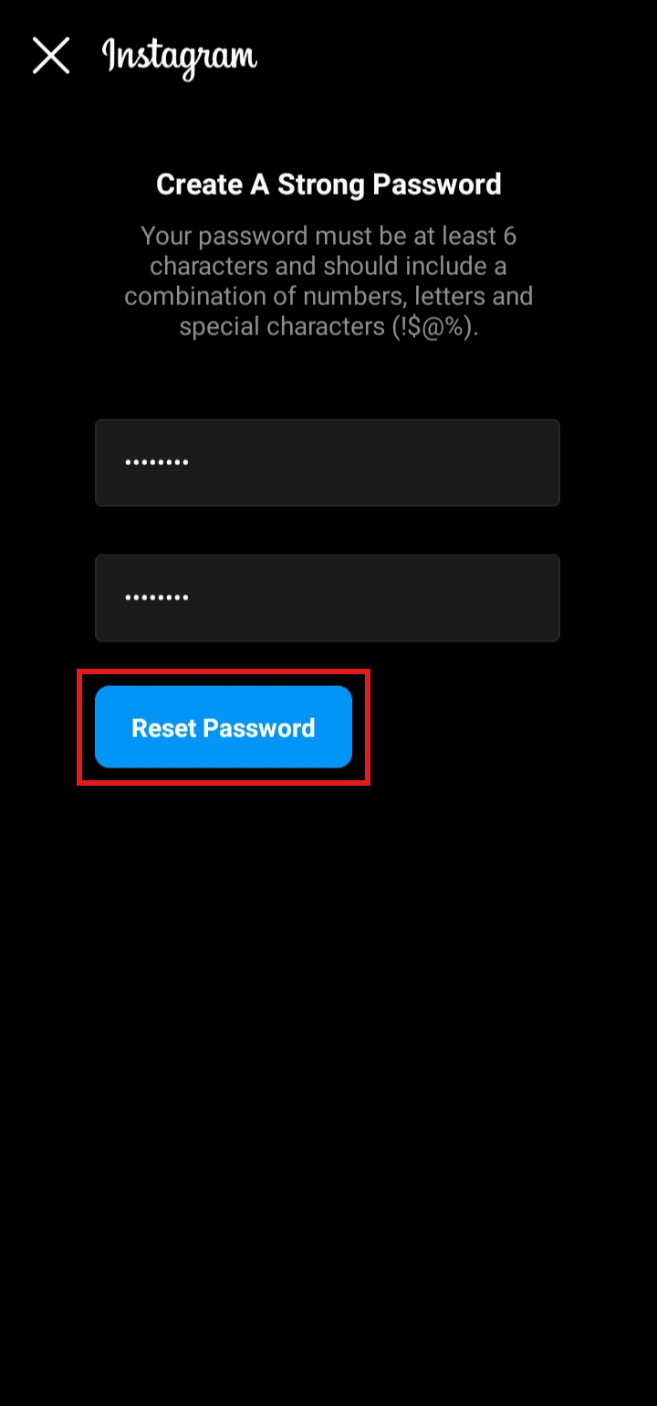 Geben Sie das neue Passwort ein, bestätigen Sie es und klicken Sie auf Passwort zurücksetzen | So ändern Sie Ihr Passwort auf Instagram