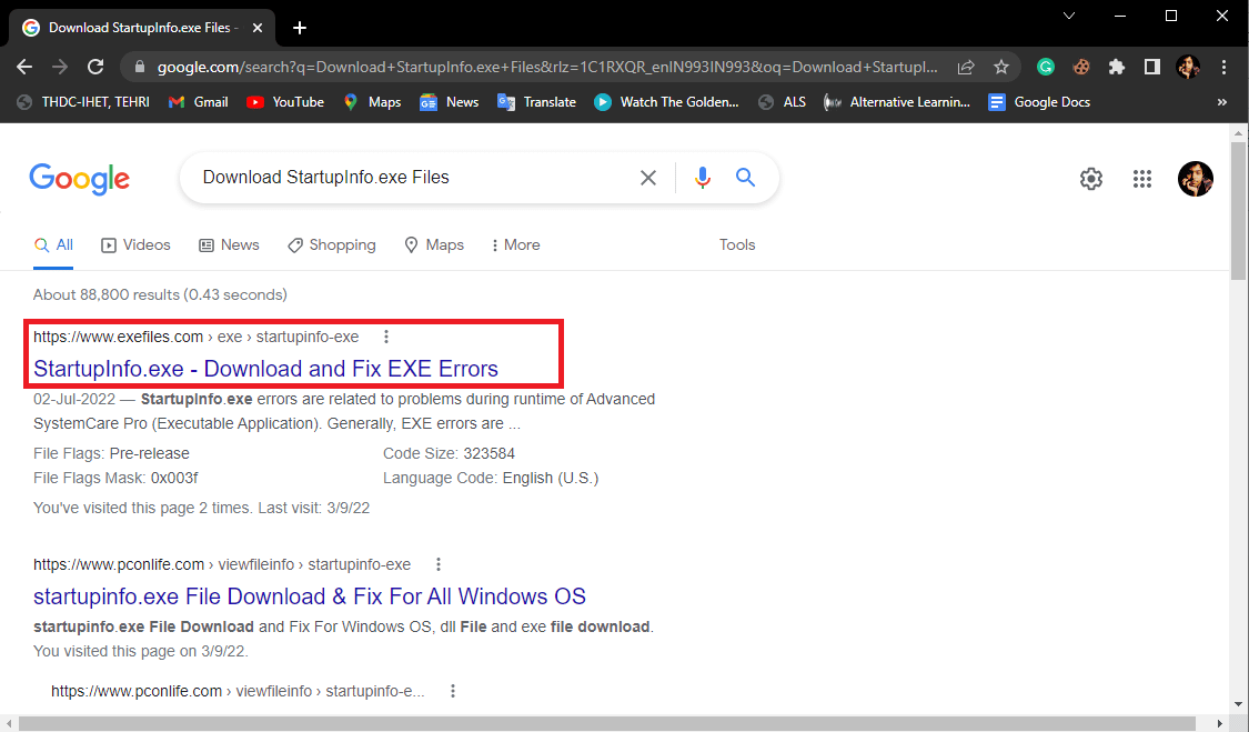 Fai clic sui primi risultati e trova il file startupinfo exe per la tua versione del file di Windows