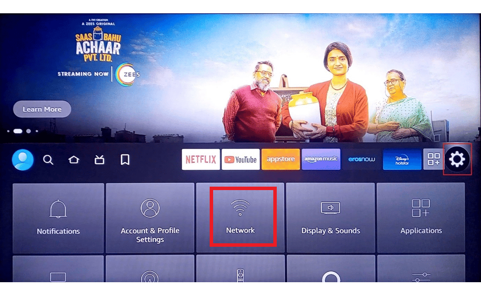 wybierz ustawienia i kliknij Sieci. Napraw Nie można zaktualizować Fire TV Stick 4K