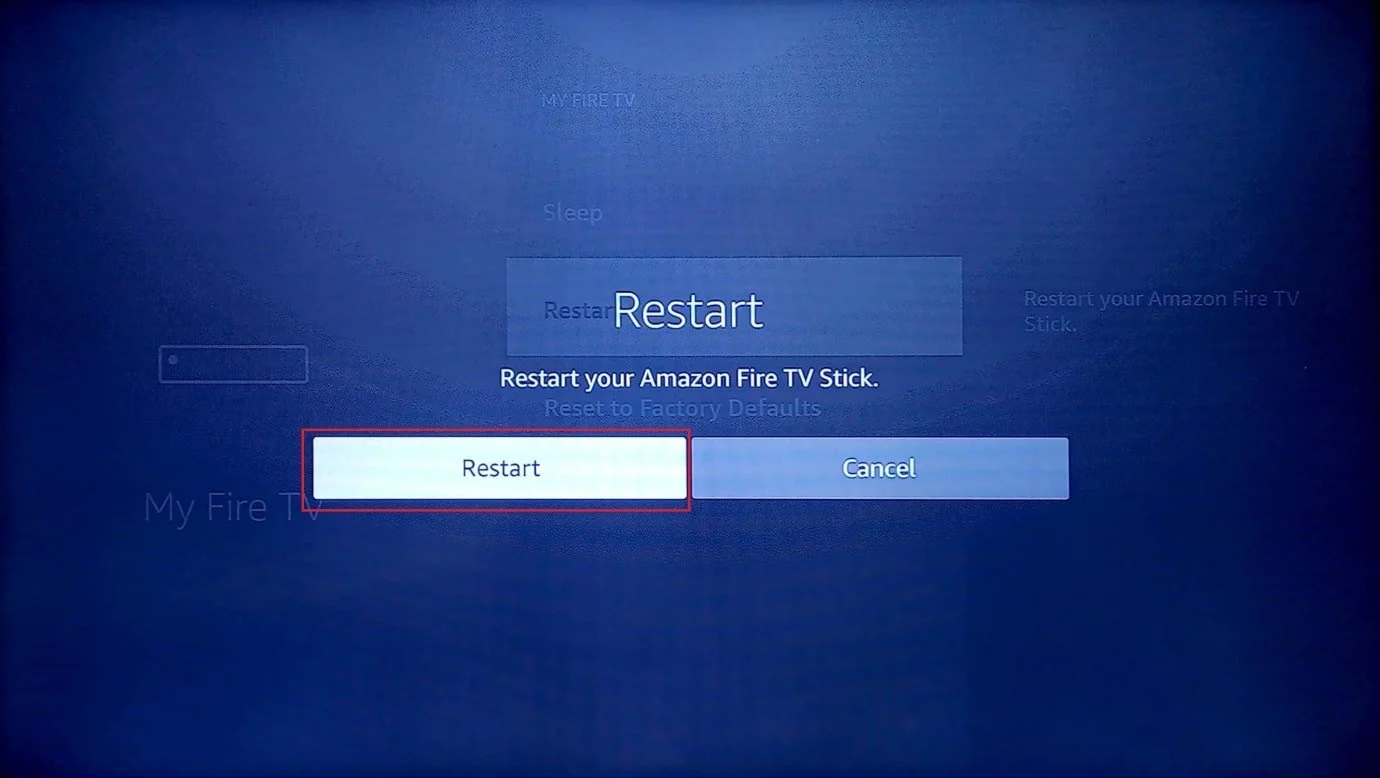 naciśnij opcję restartu. Napraw Nie można zaktualizować Fire TV Stick 4K