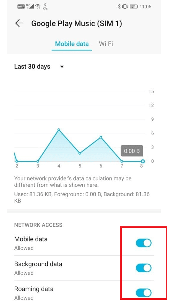 NETWORK ACCESS에서 모든 옵션을 활성화합니다. Android에서 Google 뮤직 재생 오류 수정
