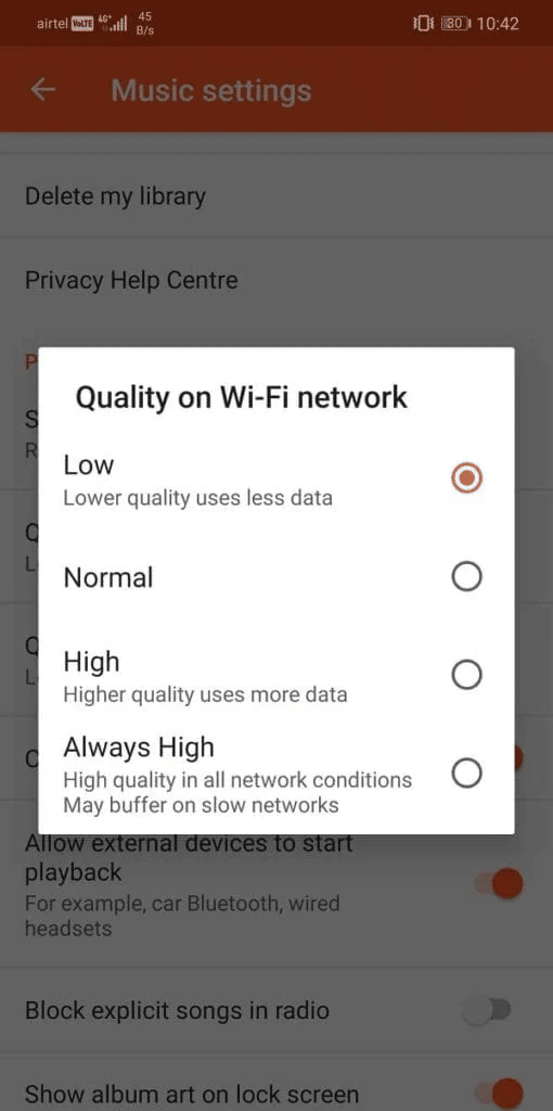 Wi-Fi 네트워크의 품질을 낮음으로 설정합니다. Android에서 Google 뮤직 재생 오류 수정