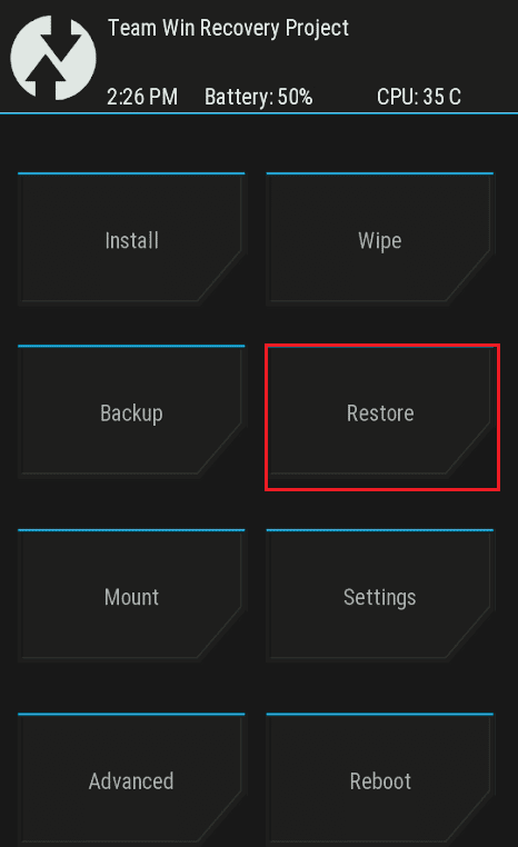 اضغط على خيار الاستعادة في تطبيق TWRP Custom Recovery