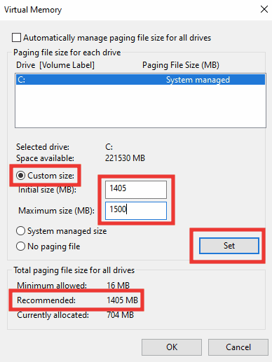 faceți clic pe dimensiune personalizată acum introduceți dimensiunea inițială în memoria virtuală. Remediați eroarea 0x80070718 în Windows 10