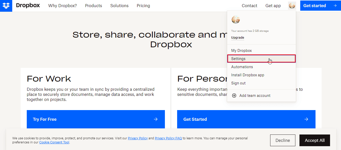 faceți clic pe Setări în Dropbox