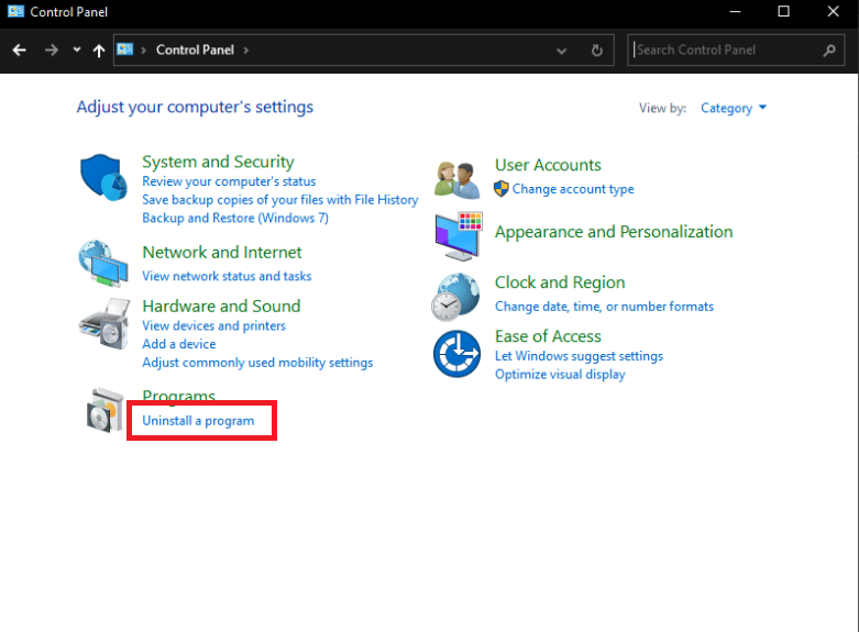 faceți clic pe Dezinstalați un program din categoria Programe. Remediați mesajul Dropbox Error 400 în Windows 10