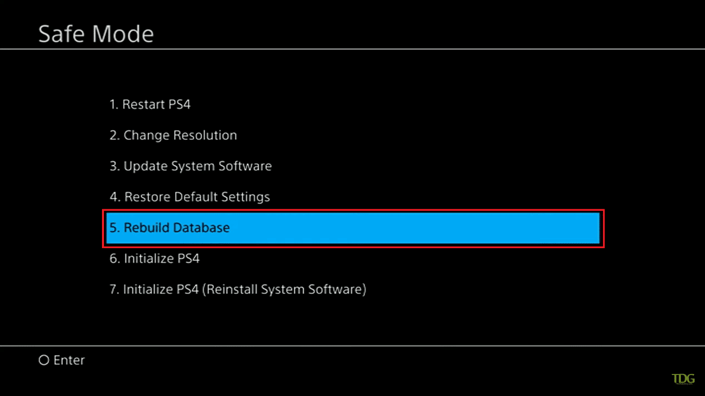 안전 모드에 있으면 다섯 번째 옵션인 Rebuild Database | 누군가를 오프라인으로 부팅하는 방법 PS4