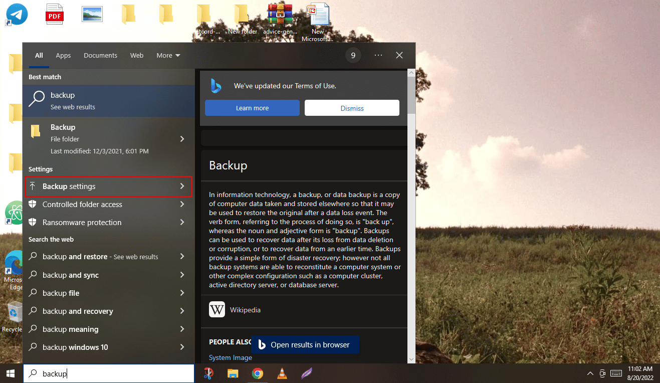 Ora cerca Backup nella barra di ricerca di Windows, quindi fai clic su Impostazioni di backup dai risultati della ricerca.