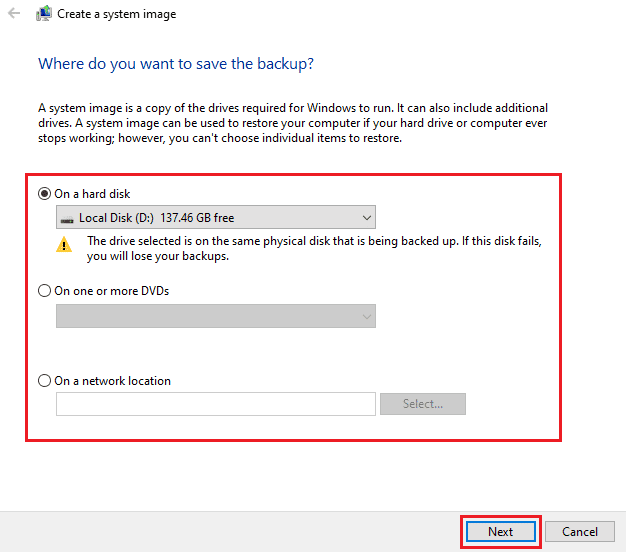 Selezionare il disco rigido desiderato in cui si desidera creare un backup dell'immagine di Windows e fare clic su Avanti per avviare il processo di backup