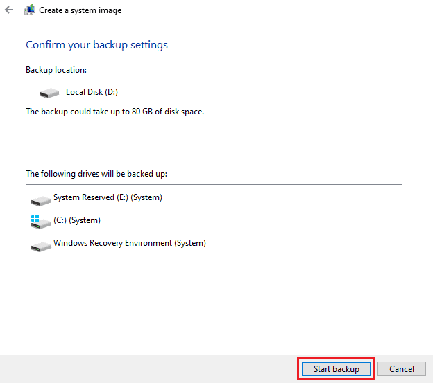 dopo aver confermato tutte le impostazioni, fai clic su Avvia backup per creare finalmente un'immagine del tuo computer