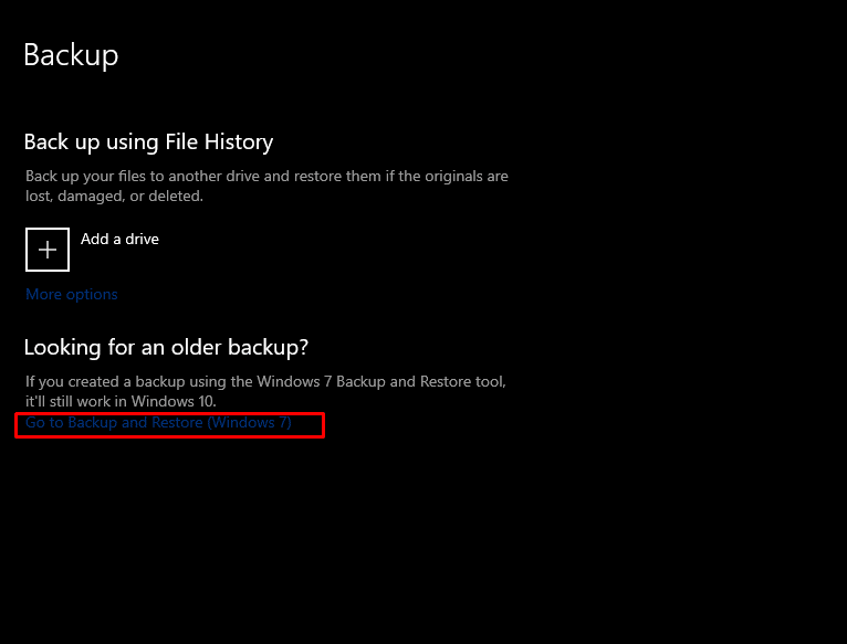 Ora fai clic su Vai a Backup e ripristino (Windows 7) nel menu Backup