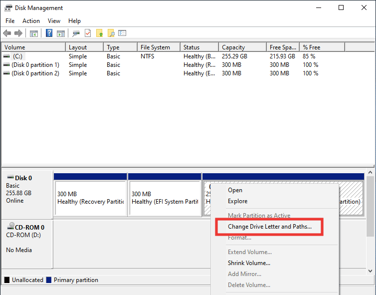 单击更改驱动器号和路径。修复 Windows 10 中无法访问的外部硬盘驱动器