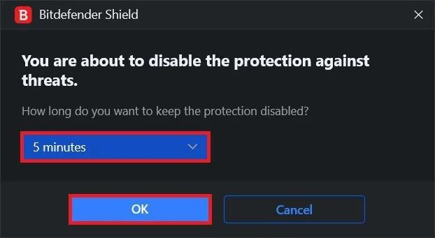 elija el período de tiempo durante el cual desea desactivar BitDefender y haga clic en Aceptar. Solucionar error de recurso no propio en Windows 10