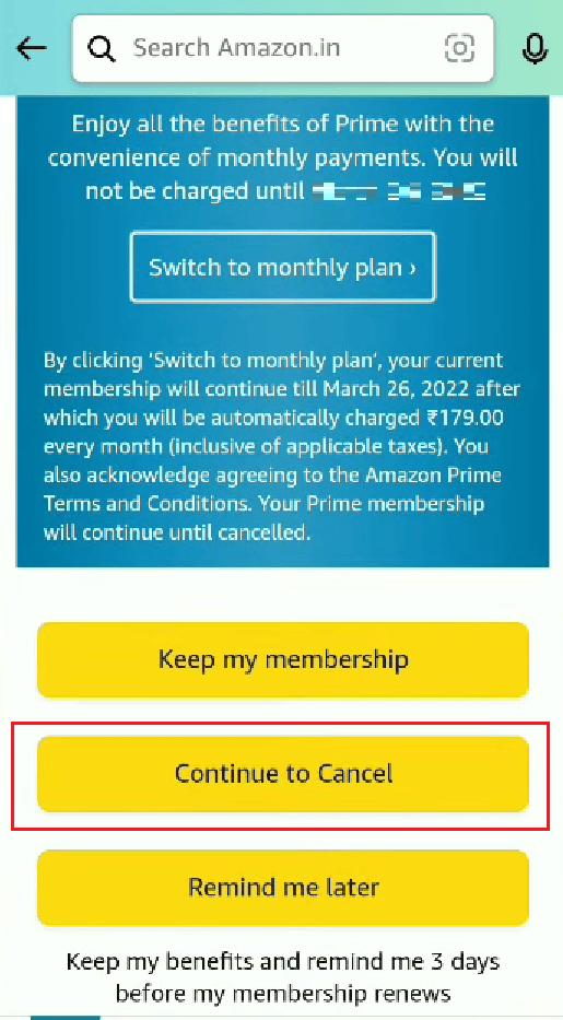 scorri verso il basso e tocca Continua per annullare | Come annullare Amazon FreeTime senza dispositivo | Addebito Amazon FreeTime su carta di credito