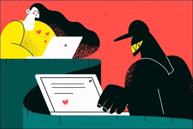 Ilustração artística de uma mulher recebendo emoji de coração de seu laptop enviado por um golpista em outro laptop.