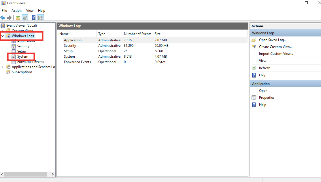 Clique duas vezes em Logs do Windows e, em seguida, clique duas vezes em Sistema