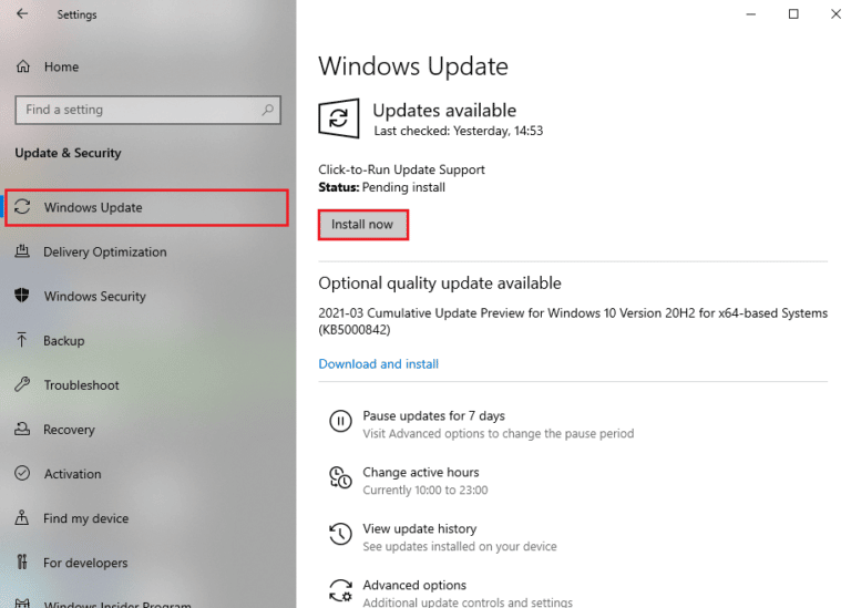 Configurações de atualização do Windows