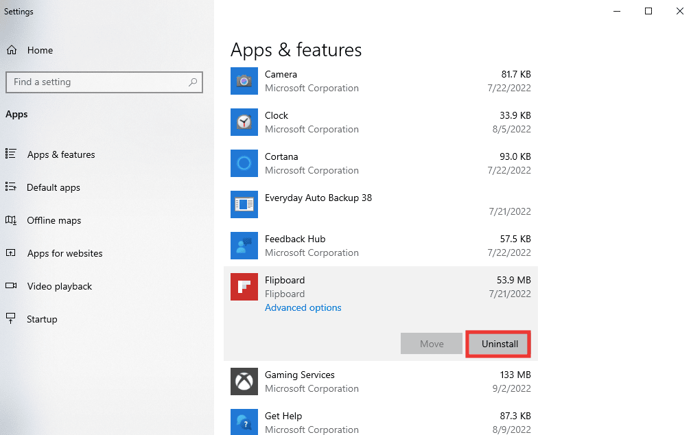 Selecione o aplicativo e clique em Desinstalar