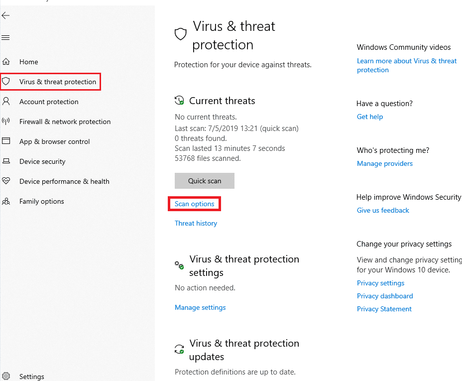 Navegue até a guia Proteção contra vírus e ameaças e clique em Opções de verificação. Corrigir o erro do ponto de entrada do procedimento no Windows