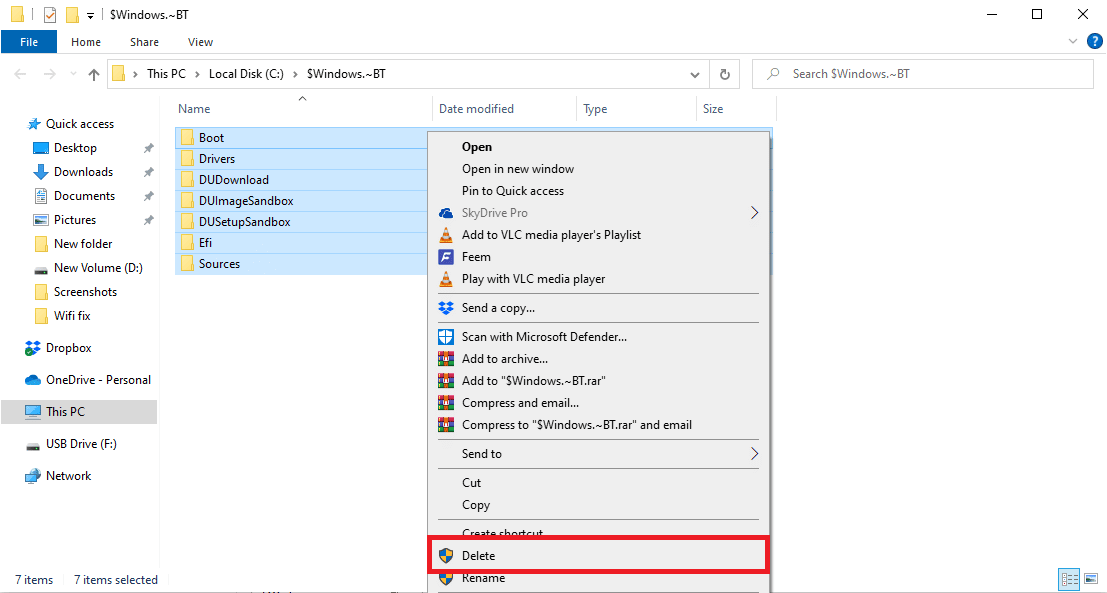 Nella directory premere Ctrl A per selezionare tutti i file ed eliminarli. Correggi il codice di errore 0x8009000f 0x90002 in Windows 10