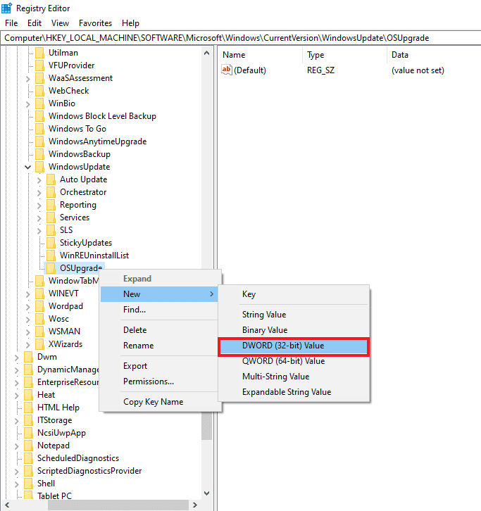 Selezionare DWORD 32 bit Value e denominarlo AllowOSUpgrade. Correggi il codice di errore 0x8009000f 0x90002 in Windows 10