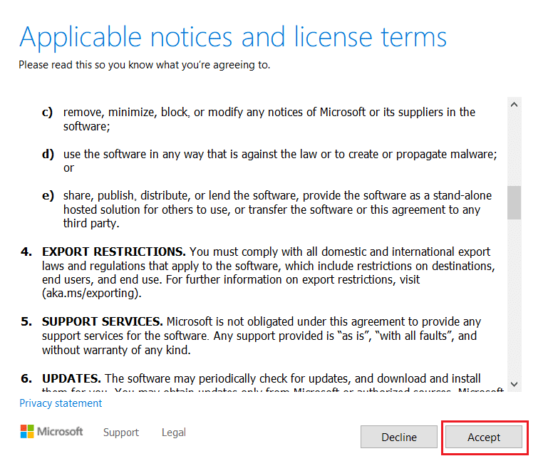 faceți clic pe butonul Accept în Windows MediaCreationTool