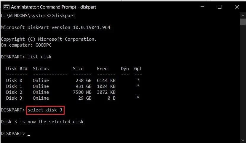 tastați select disk și introduceți numărul discului pe care doriți să îl selectați