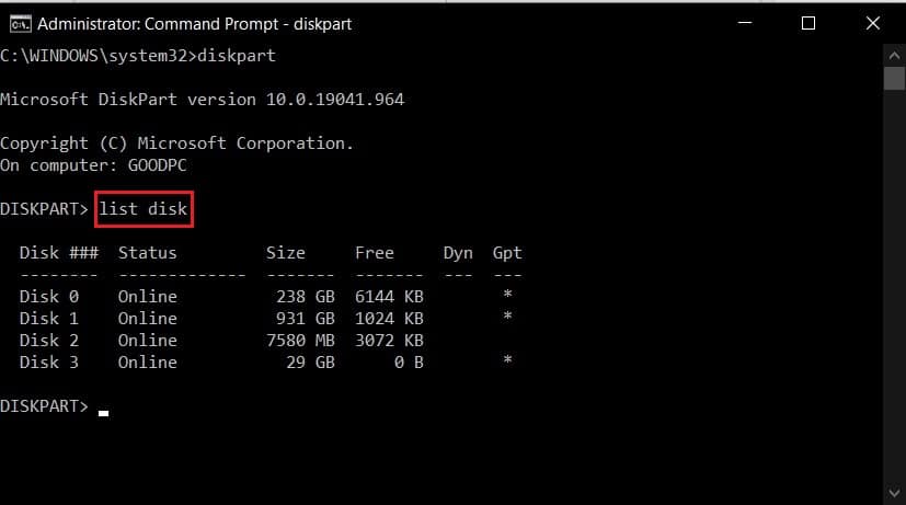 tastați lista discului pentru a vedea toate unitățile. Remediați codul de eroare 0x80070456 0xa0019 în Windows 10