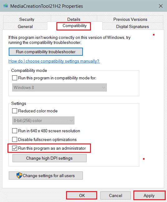 verificați rulați acest program ca opțiune de administrator în fila de compatibilitate a proprietăților instrumentului de creare Windows media
