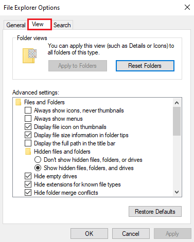 Navigați la fila Vizualizare. Remediați codul de eroare 0x80070456 0xa0019 în Windows 10