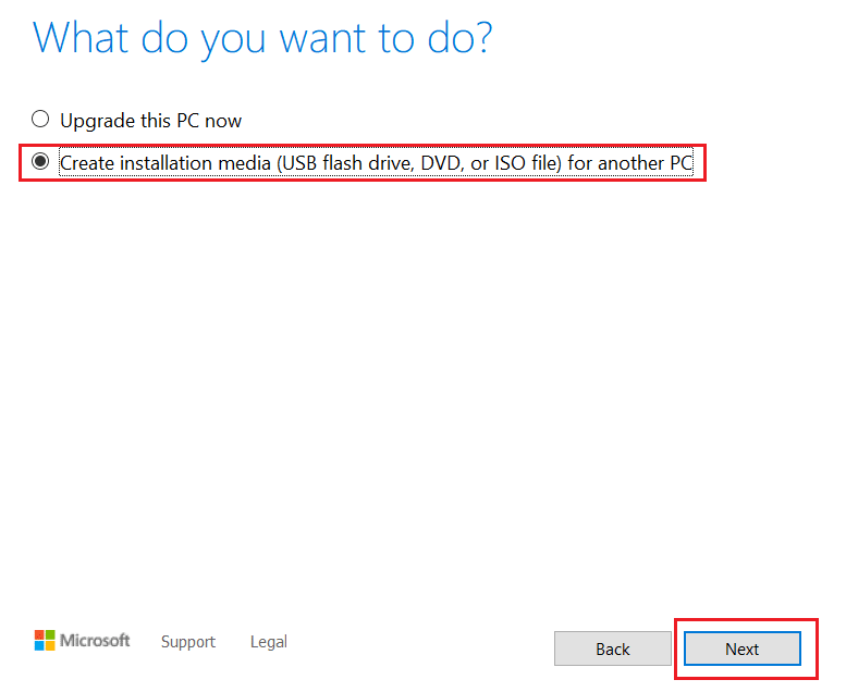 selectați opțiunea de creare a suportului de instalare și faceți clic pe Următorul în Windows 10 setup mediacreationtool