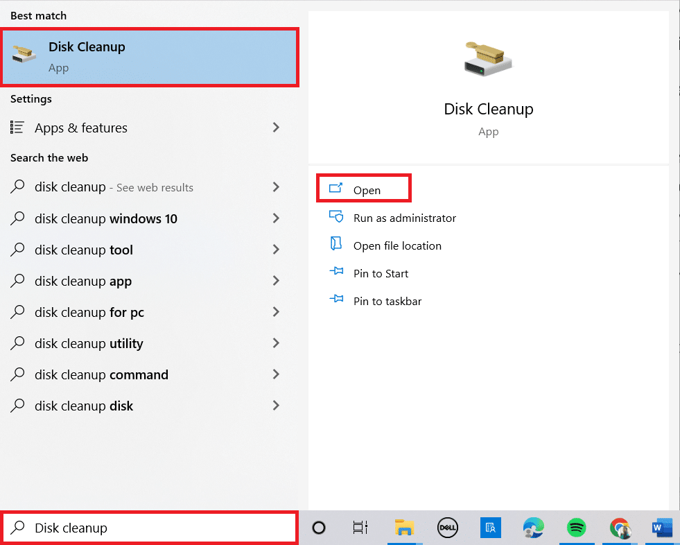 deschideți Curățare disc. Remediați codul de eroare 0x80070456 0xa0019 în Windows 10