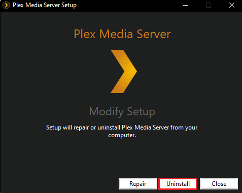 clique no botão de desinstalação. Corrigir o App Plex TV não consegue se conectar com segurança