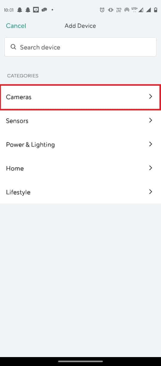 اضغط على علامة التبويب الكاميرات في قسم الفئات. إصلاح خطأ Wyze 07 على نظام Android